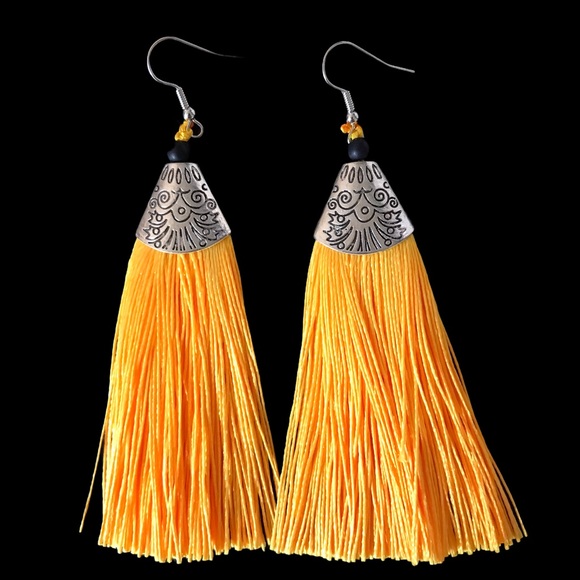 Vibrant Orange & Silver Tassel Earrings - Picture 2 of 6